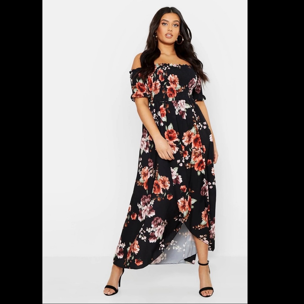 BooHoo Size 12 Off Shoulder Floral Maxi Dress Boho
